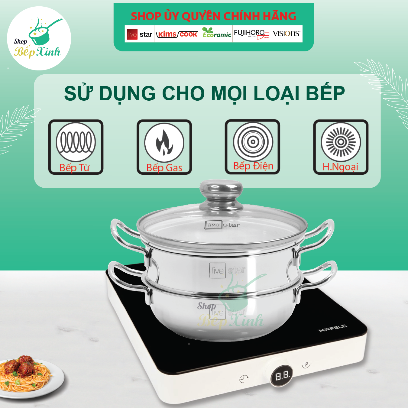 Nồi lẩu xửng hấp inox cao cấp Fivestar 3 đáy từ nắp kính - hàng chính hãng