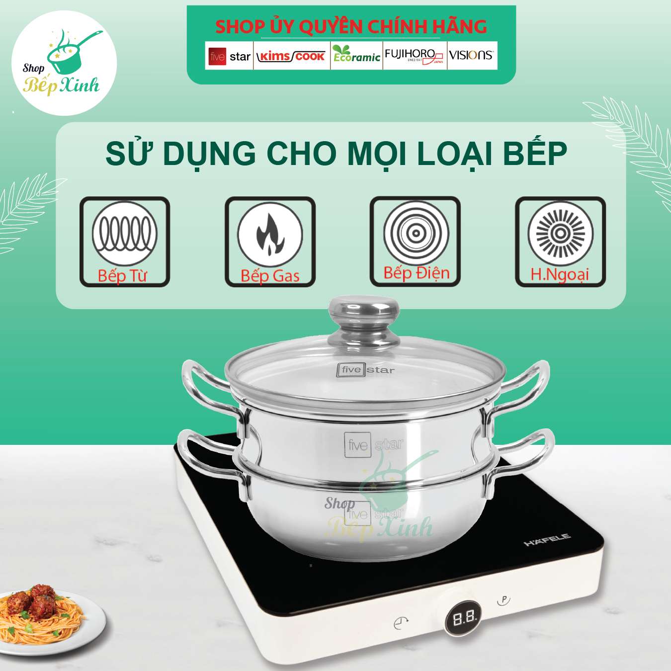 Nồi lẩu xửng hấp inox cao cấp Fivestar 3 đáy từ nắp kính ( tặng 2 vá canh ) - hàng chính hãng