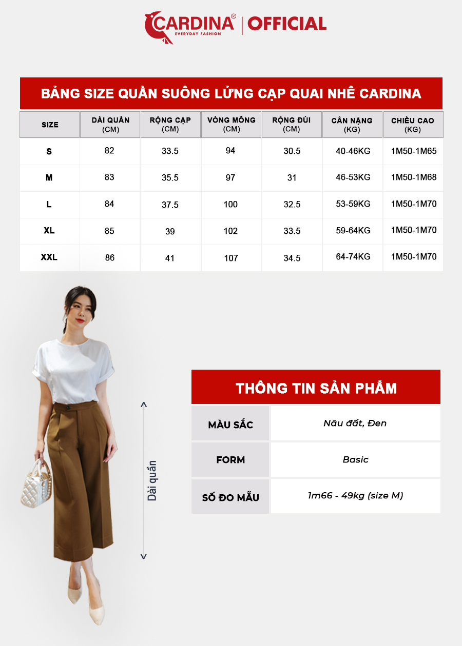 Quần Suông Lửng Nữ CARDINA Chất Tuyết Mưa Hàn Cạp Quai Nhê Tôn Dáng Che Khuyết Điểm 3QF06