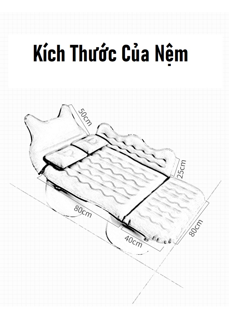 Nệm Giường Hơi Thế Hệ Mới Cho Xe Ô Tô 4 5 7 Chỗ - Nệm Xe Hơi Hình Chú Mèo Dễ Thương - Tặng Kèm Bơm Nệm 12V - Túi Đựng - Bộ Vá