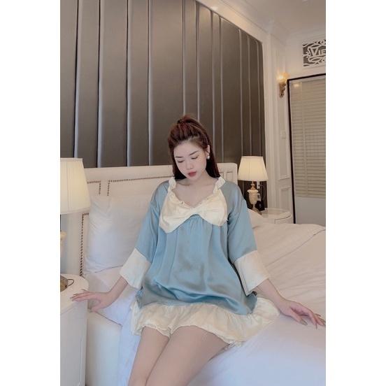 Bộ Lụa Satin Nơ Tay Cộc , Quần Cộc Không Nhăn, Không Bai Giãn, Không Phải màu
