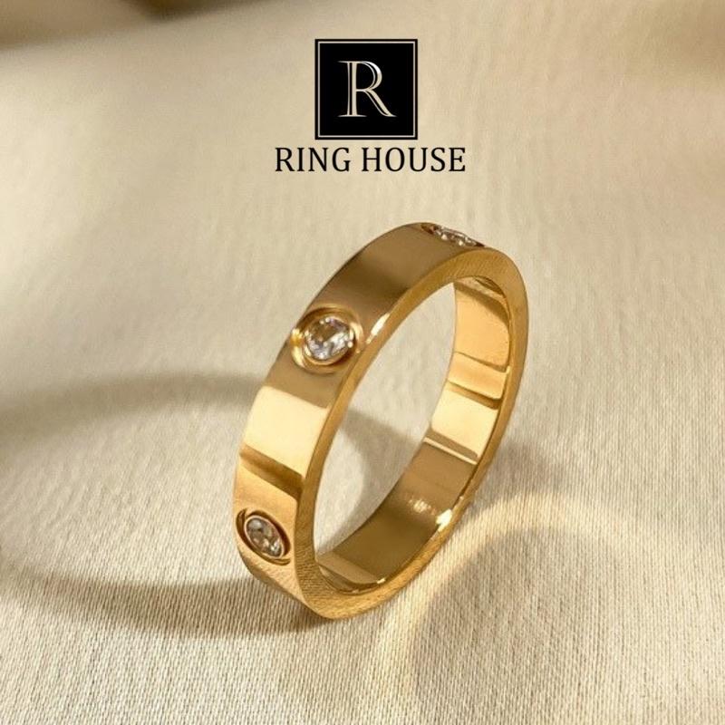 (Titan) Nhẫn Titan Không Rỉ Gỉ Cặp Đôi Nam Nữ Carti Đính 6 Ngọc Vàng Gold Ring House