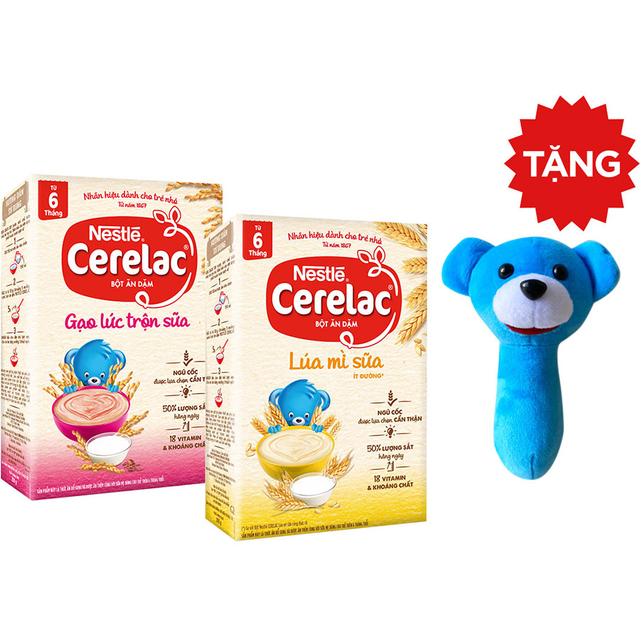 Combo 2 Bột ăn dặm Cerelac vị Gạo lức trộn sữa và Lúa mì sữa + Tặng lục lạc gấu