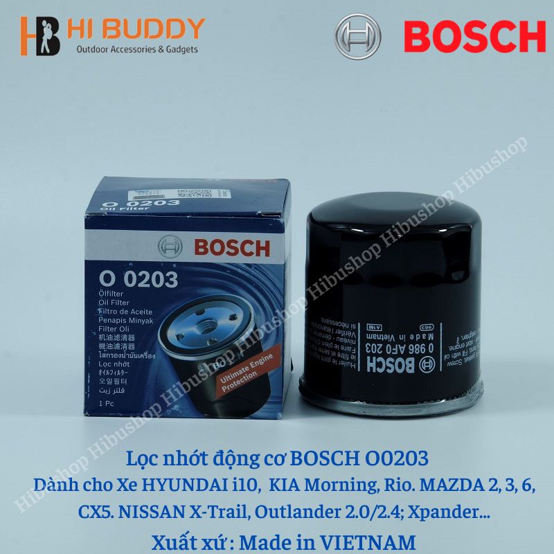 Lọc nhớt BOSCH O0203 Hyundai I10; Kia Morning, Rio; Mazda 2/3/6/CX5/CX8; Mitsubishi Xpander, Outlander..