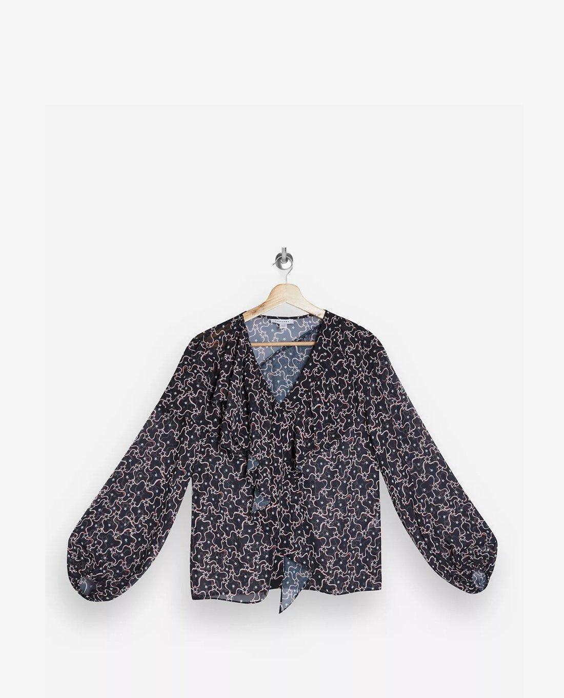 TOPSHOP - Áo kiểu nữ cổ V tay dài Red Star Print Ruffle 13P15TRED