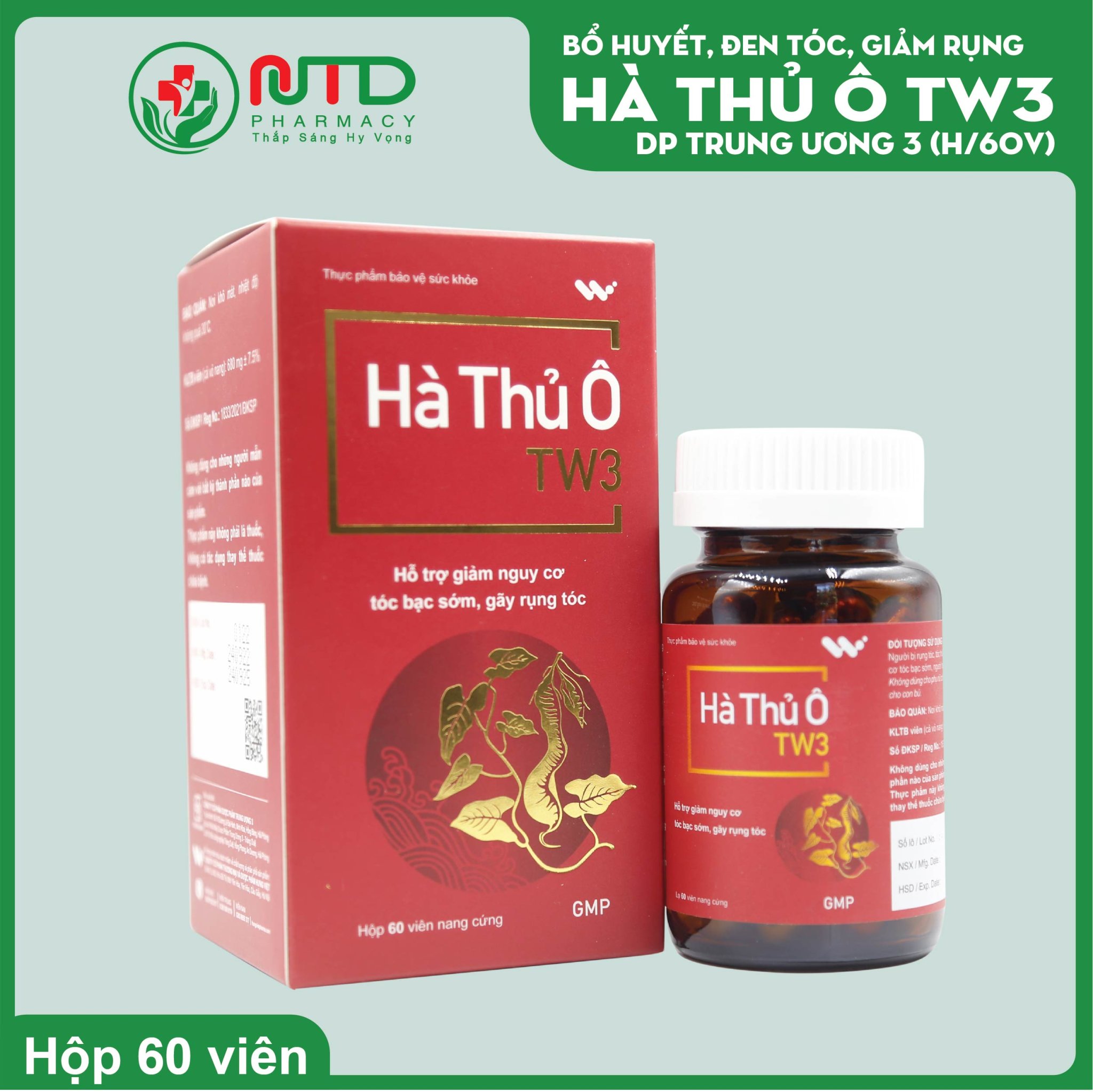 Thực phẩm bảo vệ sức khỏe: HÀ THỦ Ô TW3 LỌ 60 VIÊN - Ngăn ngừa bạc tóc, kích thích mọc tóc, giảm rụng tóc và chăm sóc sức khỏe tóc