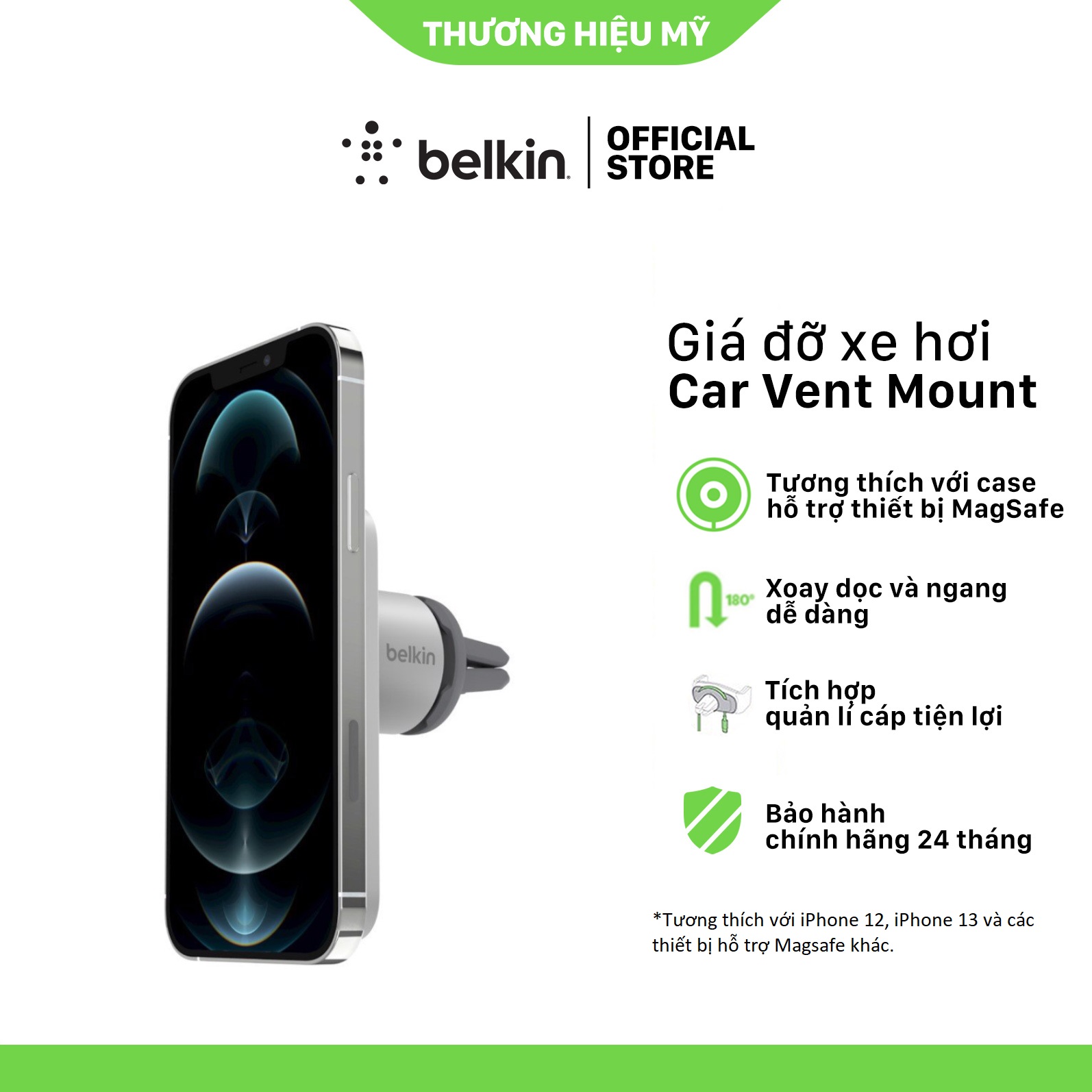 Giá đỡ xe hơi Belkin Car Vent Mount PRO with MagSafe - Hàng Chính Hãng - Bảo Hành 2 Năm Đổi Mới - WIC002btGR