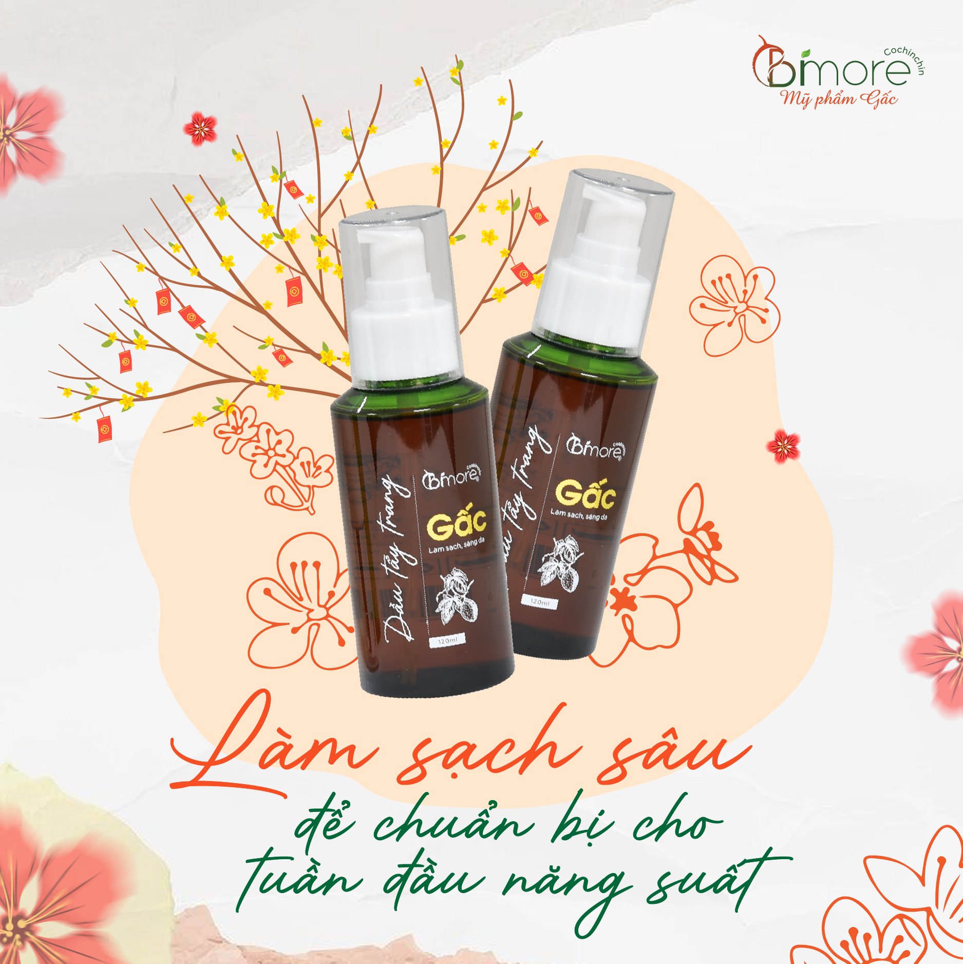 Dầu tẩy trang Gấc Bimore sạch sâu ngừa mụn thâm sáng hồng da _120ML