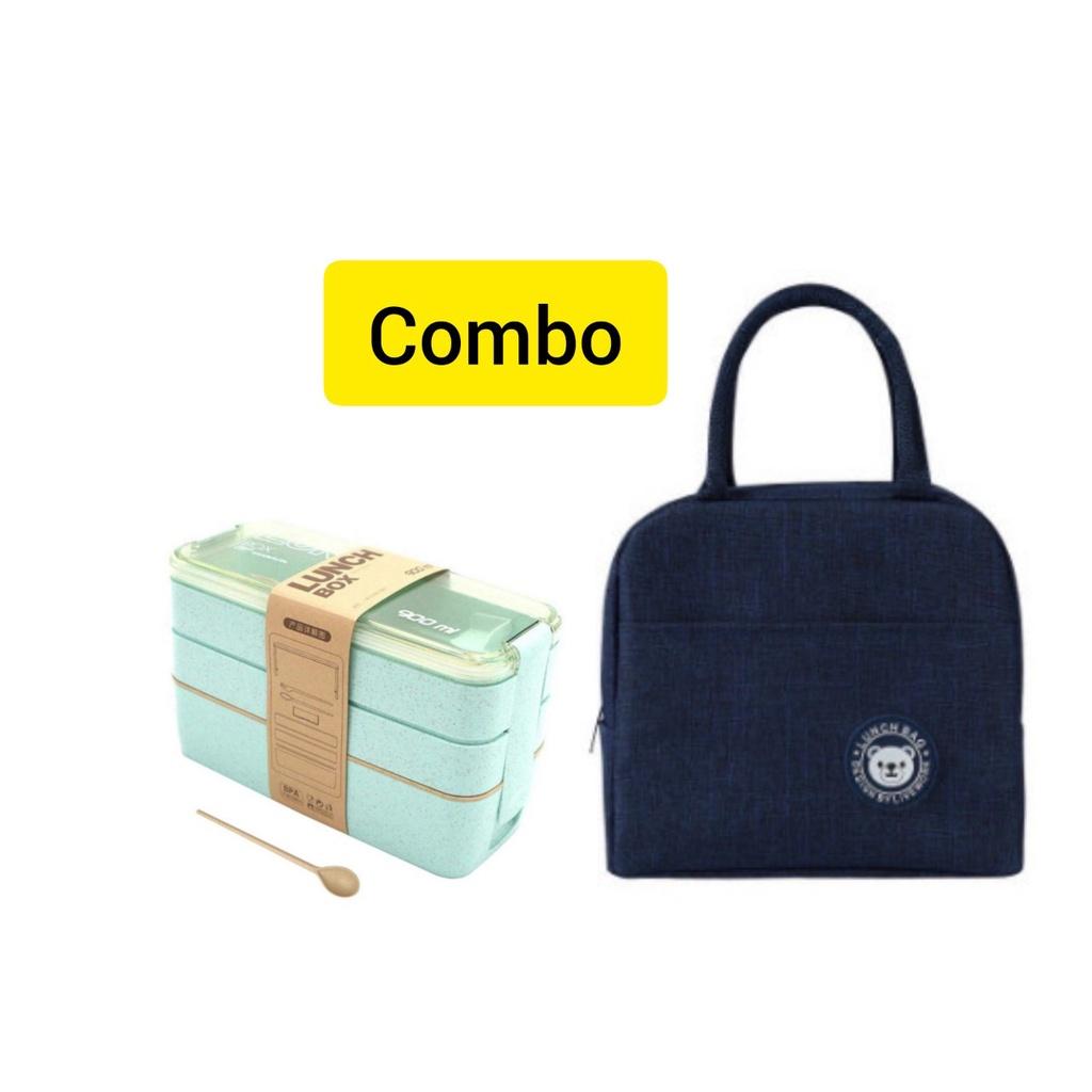 Combo hộp cơm lúa mạch 3 tầng 900ml+túi giữ nhiệt trơn logo gấu- Hộp cơm size ngang 17.5cm x cao 11cm x rộng 7.5cm