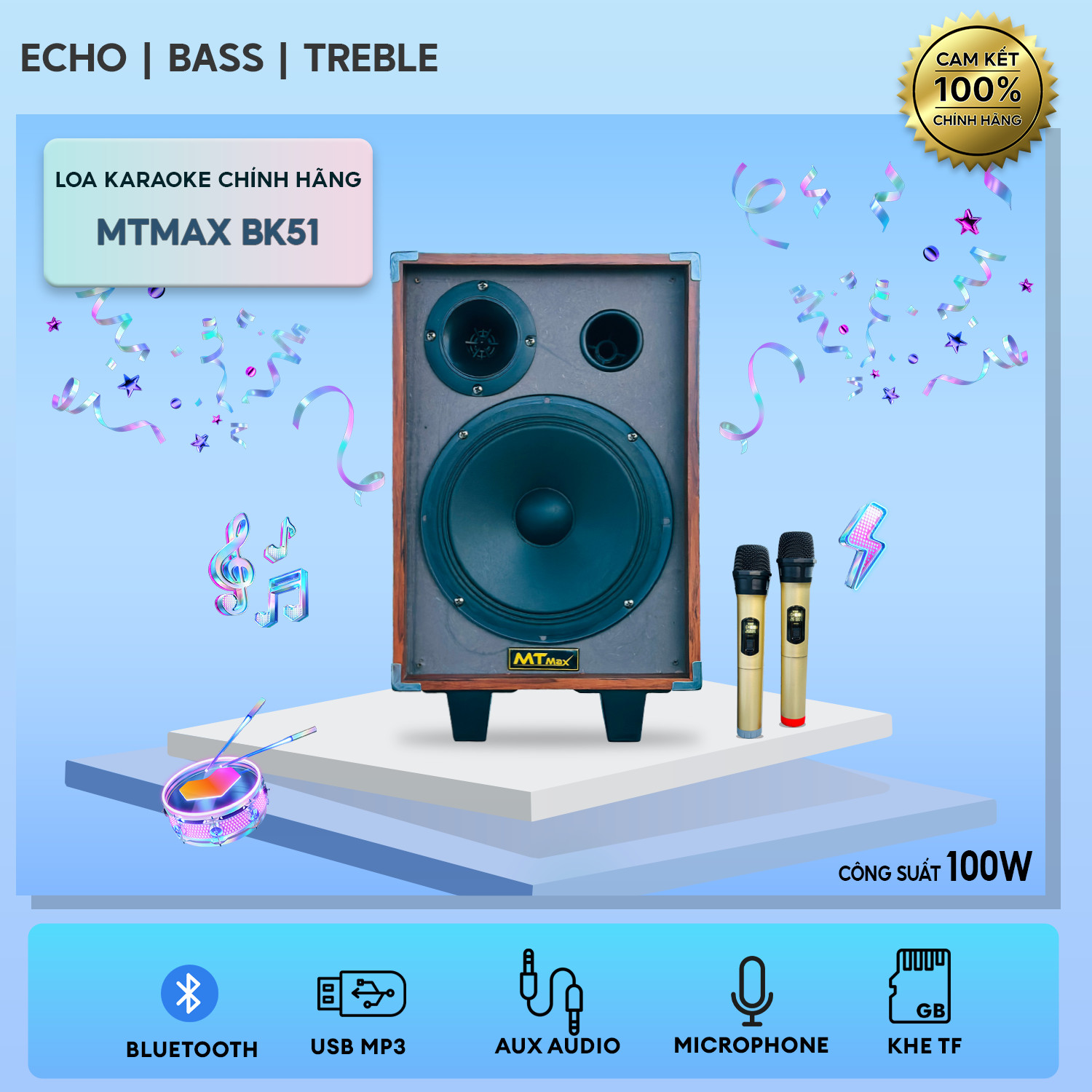 Loa xách tay di động BK51 - Loa Karaoke Chính Hãng Giá Rẻ Công Suất Lớn 100W Bass 20cm Âm Thanh Mạnh Mẽ Tặng Kèm 2 Micro Không Dây Cao Cấp Hàng Chính Hãng