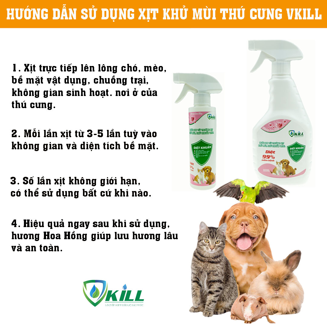 Xịt khử mùi hôi thú cưng Vkill 250ml hương hoa hồng diệt 99,9% vi khuẩn với ion từ trường loại bỏ mùi hôi nhanh an toàn