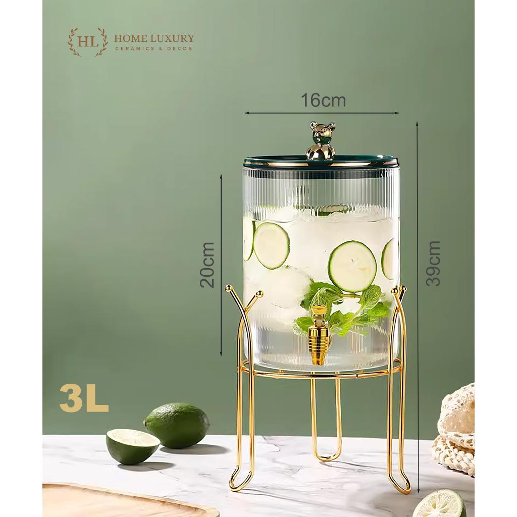 Bình BEARBRICK có vòi kèm kệ inox vàng | Bình thủy tinh Decor 3 Lít nắp sứ - nắp TT | Bình gấu kèm kệ phong cách Vintage