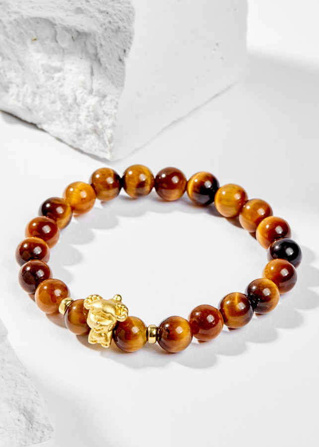 Vòng Tay Phong Thủy Đá Mắt Hổ Vàng Nâu Phối Charm Tuổi Mùi Bạc Mạ Vàng 24K Mệnh Thổ, Kim Ngọc Quý Gemstones