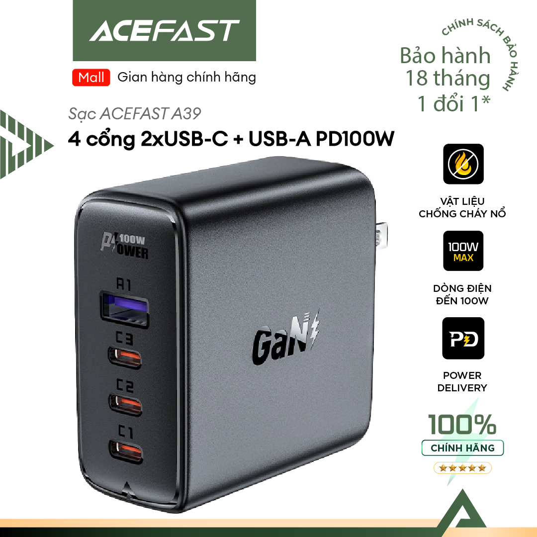 Sạc Acefast PD 100W 4 cổng 3xUSB-C + USB-A - A39 Hàng chính hãng Acefast