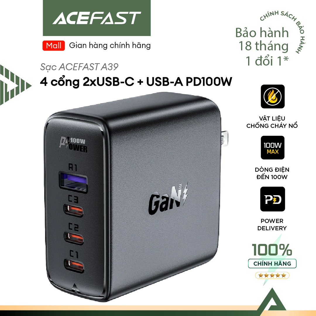 Sạc Acefast PD 100W 4 cổng 3xUSB-C + USB-A (US) - A39 Hàng chính hãng Acefast