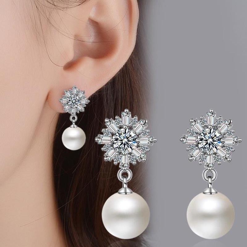 Bông Tai Bạc S925 Hình Bông Tuyết Đính Hạt Ngọc Trai Thật Nước Ngọt 10ly - Trường Thịnh Ngọc Trai