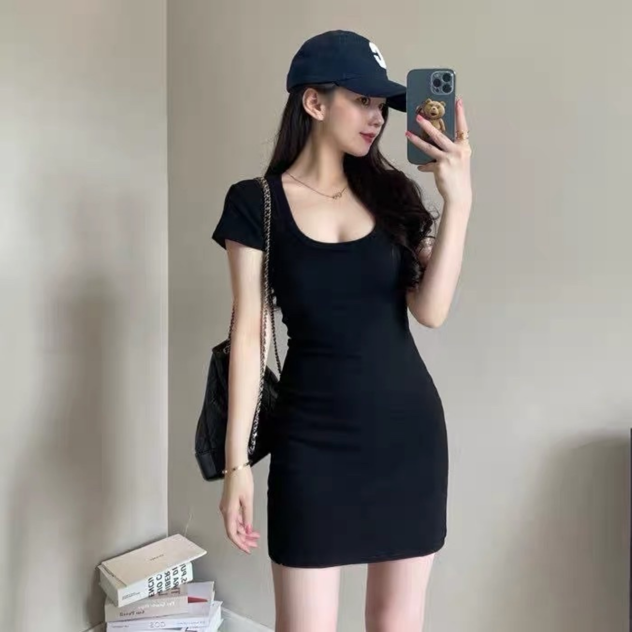 Đầm nữ ngắn tay body cổ U - Váy body dáng ngắn phong cách Hàn Quốc