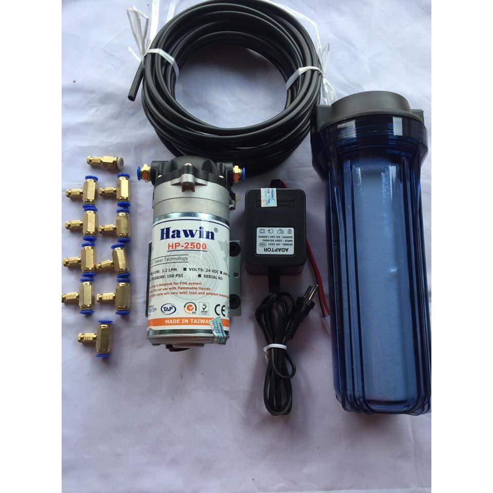 Bơm phun sương hawin HP-2500. lọc ly 10 béc đồng. 20m dây