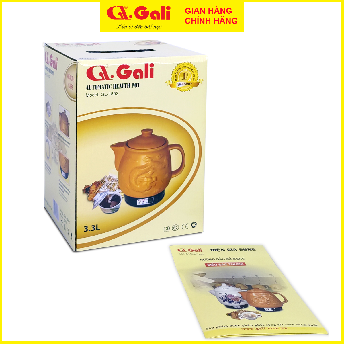 Bình nấu thuốc đa năng Gali GL-1802 dung tích 3.3 lít, sắc thuốc nam bắc, tiềm thực phẩm, canh dưỡng sinh, hàng chính hãng 100%, bảo hành 36 tháng Gali