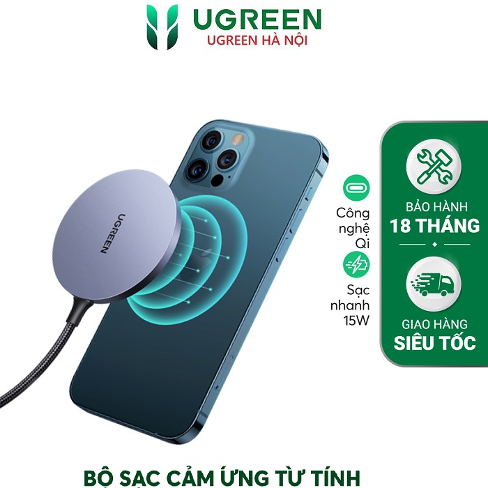 Bộ sạc không dây từ tính UGREEN 30233 Công nghệ sạc Qi, sạc ổn định công suất 15W hàng chính hãng