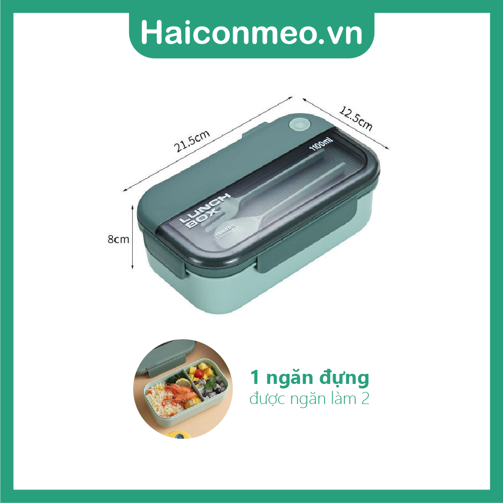 Tặng sticker Hộp Cơm LUNCH BOX Nhựa Dẻo PP Có 2 Ngăn Và Nắp Kèm Đũa Muỗng 1100ml