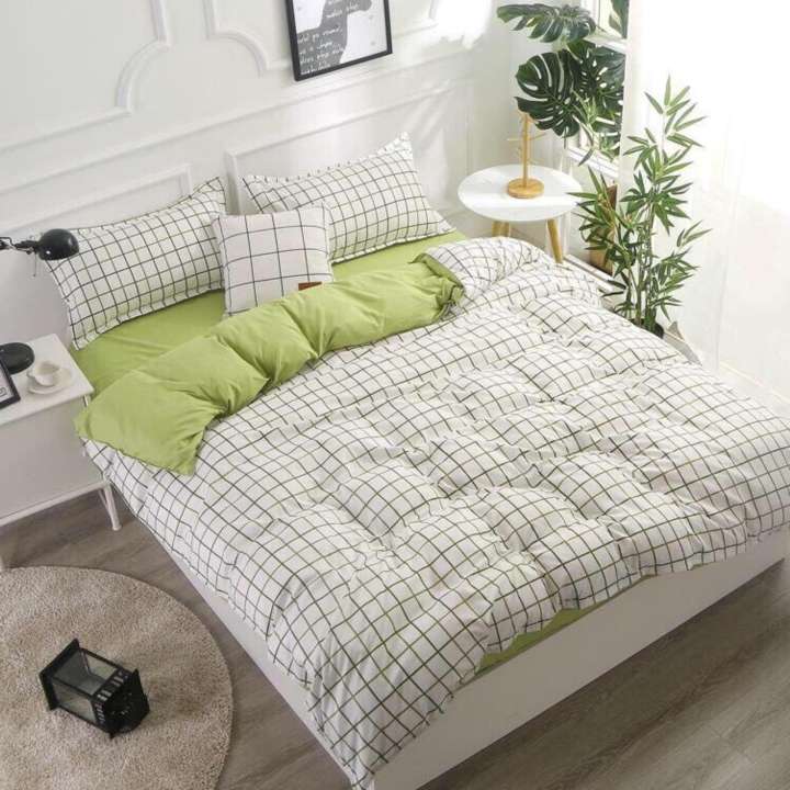 Bộ chăn ga gối caro nhỏ xanh