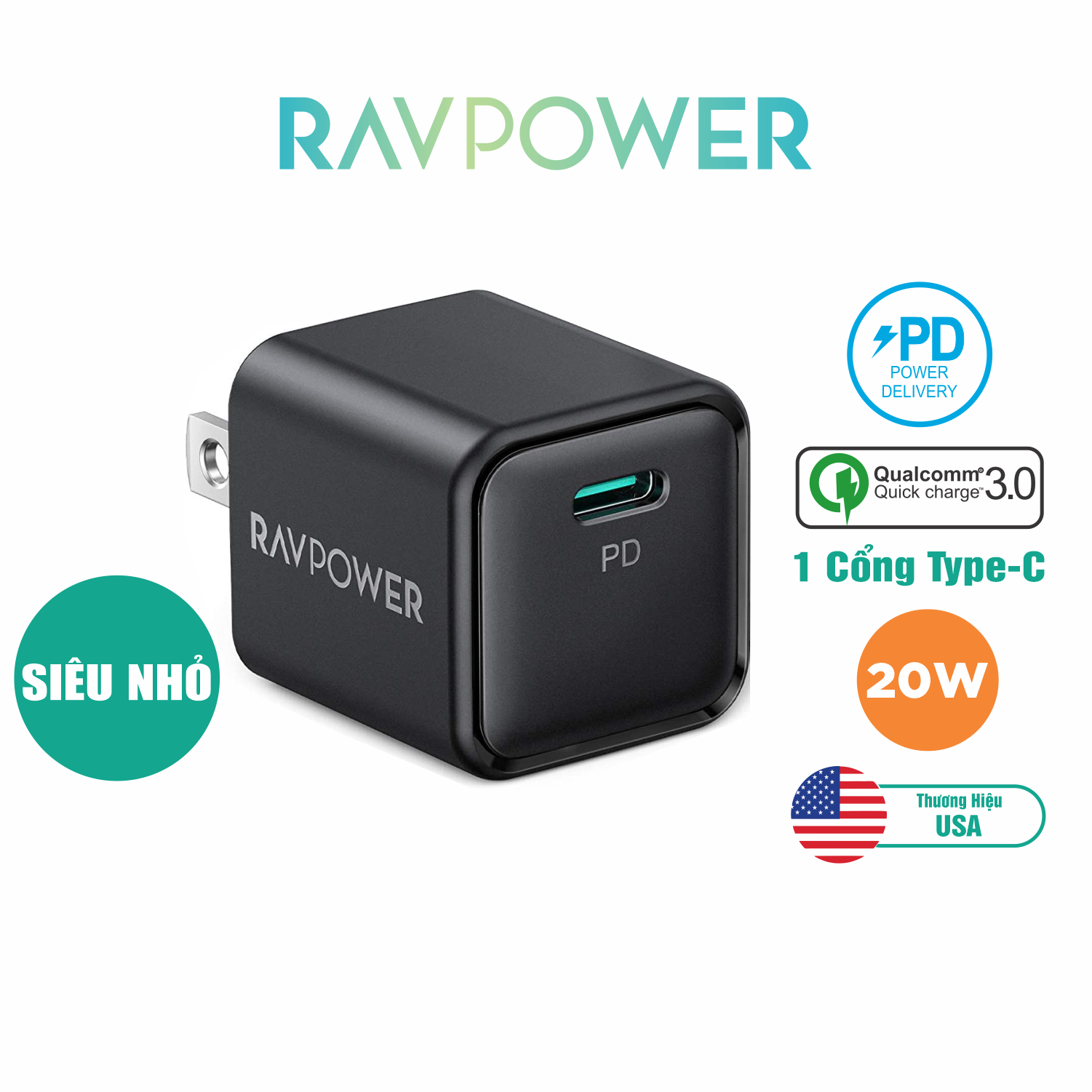 Adapter Củ Sạc Siêu Nhỏ RAVPower RP-PC150 USB Type C PD 20W Sạc Nhanh iPhone, iPad, Android - Hàng Chính Hãng