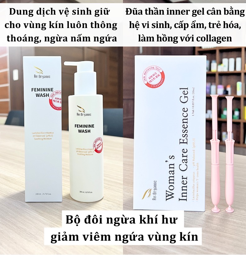 Combo dung dịch vệ sinh chăm sóc phụ khoa Re:Organic Feminine Wash 200ml, Gel đũa thần phụ khoa Woman's Inner Care Essence Gel