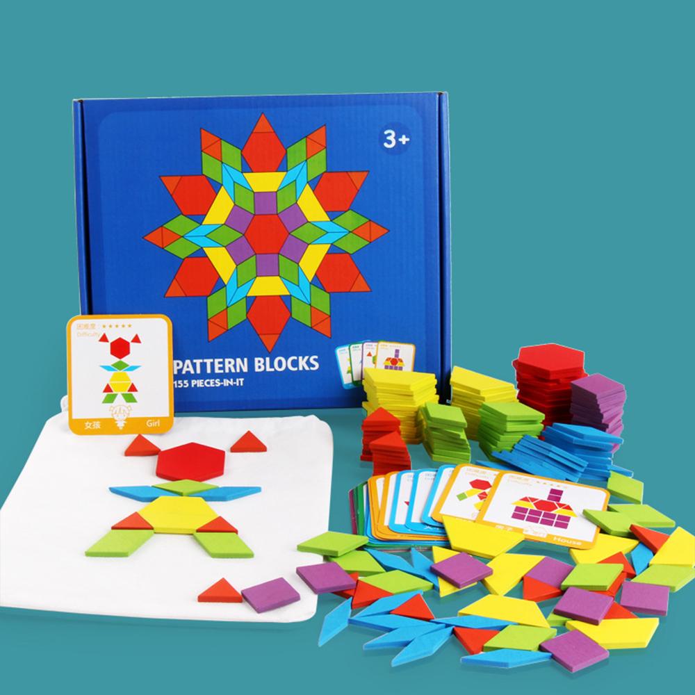 155 Pieces Wooden Pattern Block Geometric Shape Puzzle Early Education Montessori Toy with Design Cards for 3+ Years Old