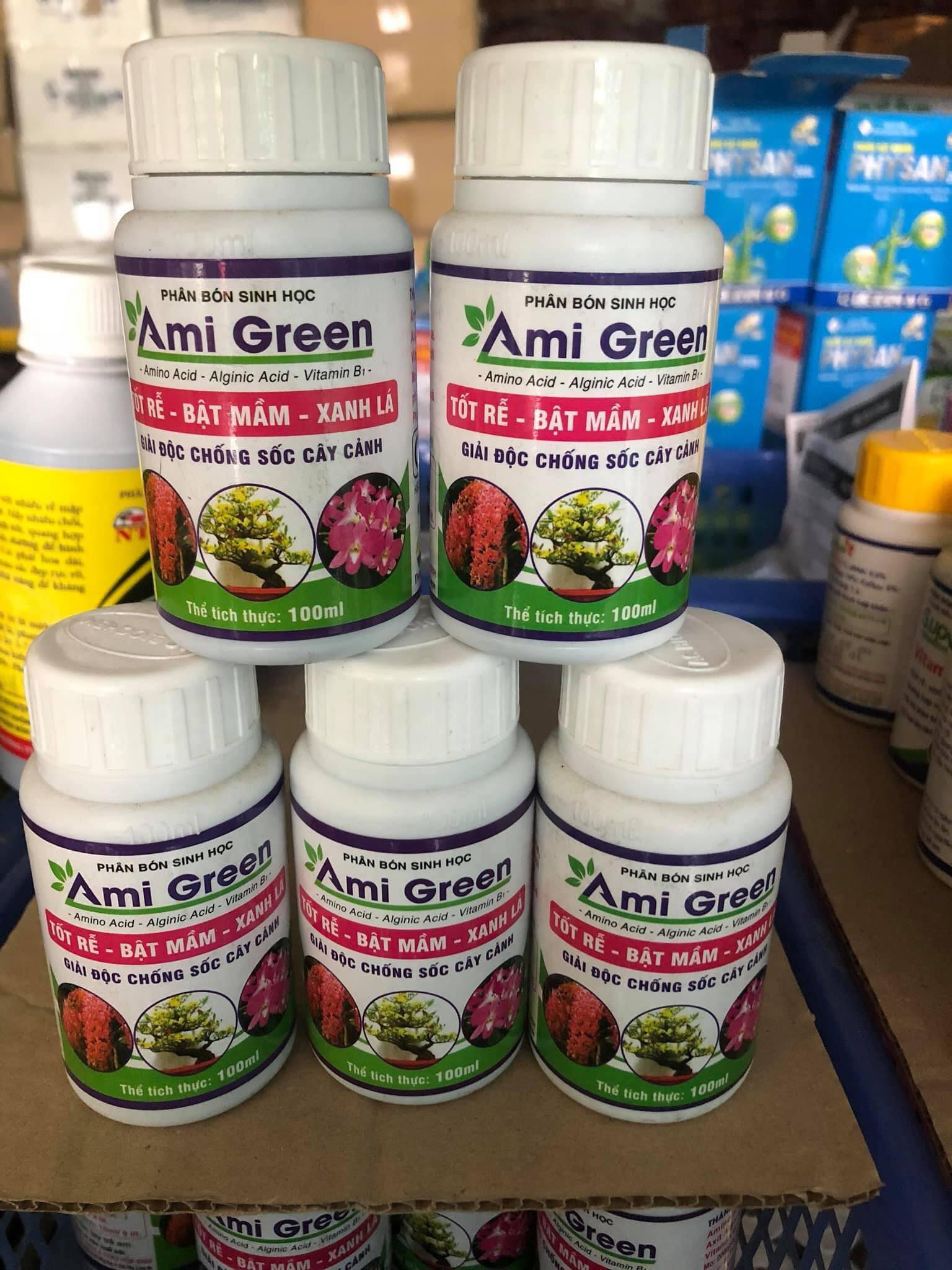 Phân bón AMI GREEN.Chuyên dùng cho lan , hồng, cây kiểng Giúp tốt rễ, bật mầm, xanh lá chai 100ml.