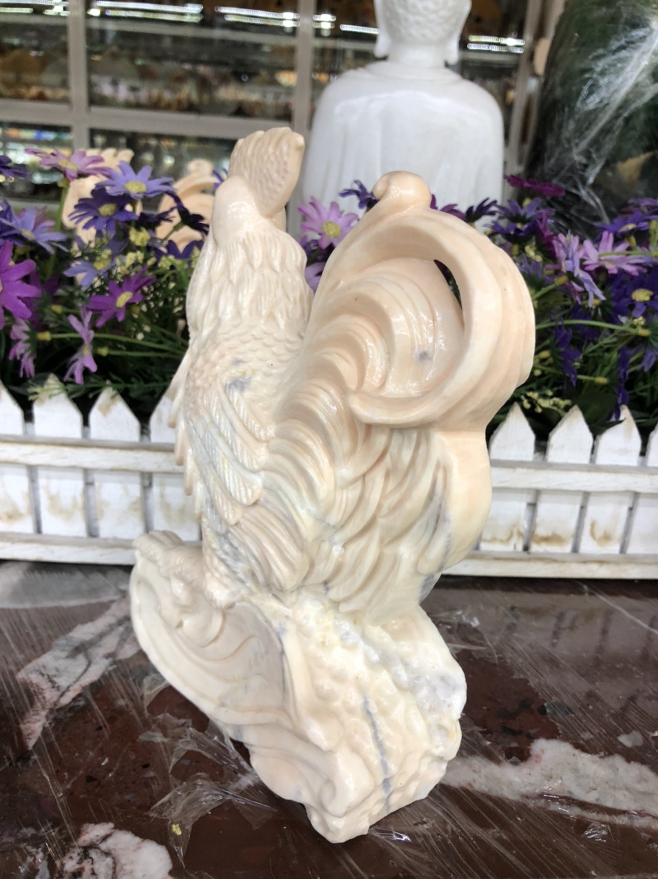 Tượng con gà phong thủy đá cẩm thạch vàng cà rốt trang trí bàn làm việc - Cao 20cm