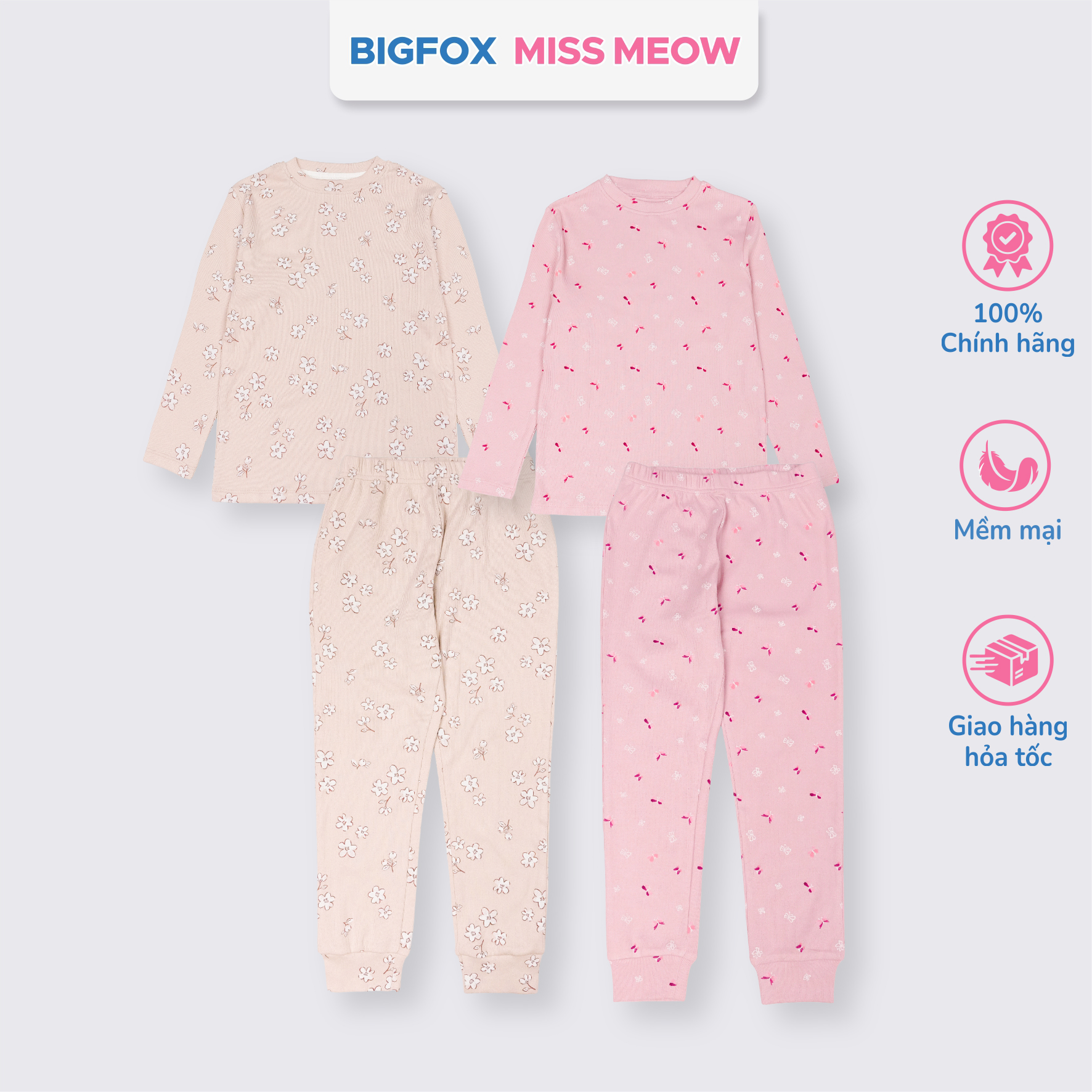 Bộ dài tay cho bé gái Bigfox Miss Meow vải bozip mặc nhà mùa thu đông size đại trẻ em 3-11 tuổi 35kg