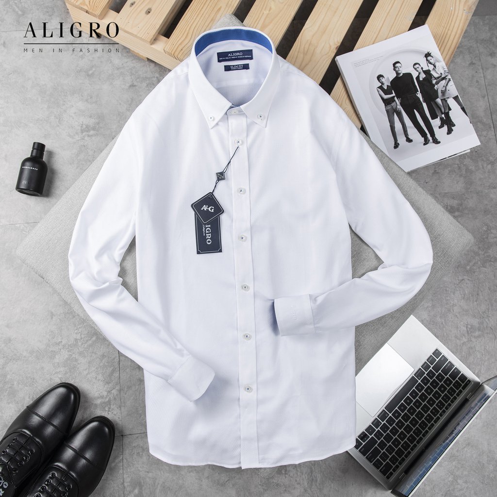 ÁO SƠ MI NAM TRẮNG DÀI TAY PHỐI CỔ XANH ALIGRO DÁNG SLIMFIT MÃ ALGS189