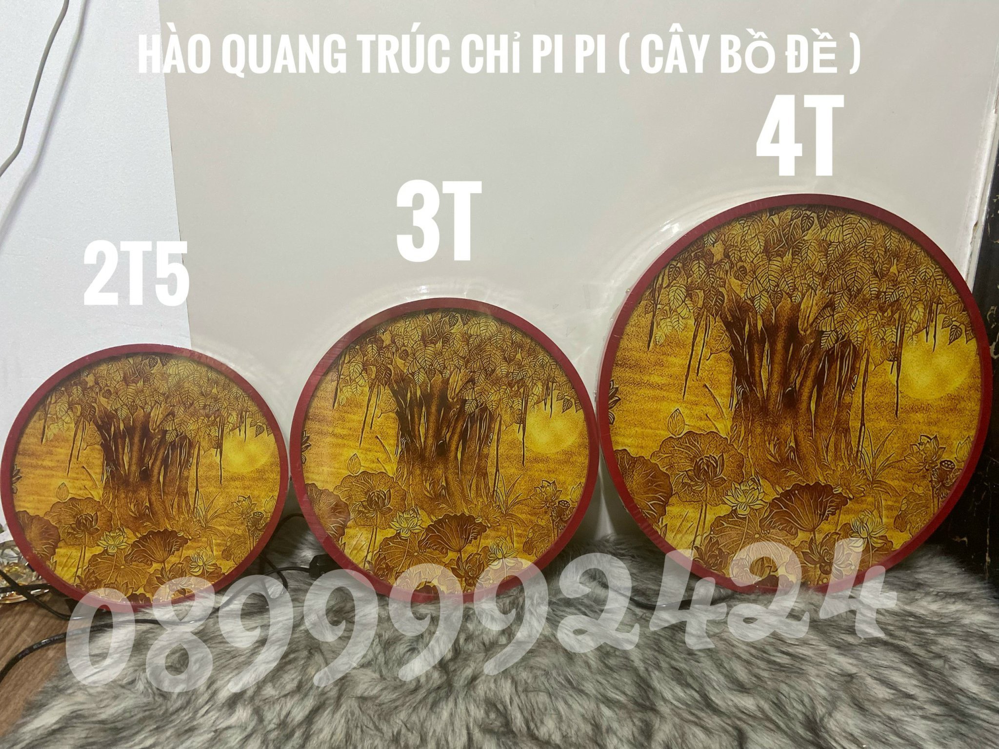 ĐÈN THỜ LED HÀO QUANG TRÚC CHỈ PIPI, TRANH TRÚC CHỈ NỀN VÀNG CÓ DIMMER ĐIỀU CHỈNH ÁNH SÁNG CÂY BỒ ĐỀ 25CM, 30 CM , 40CM