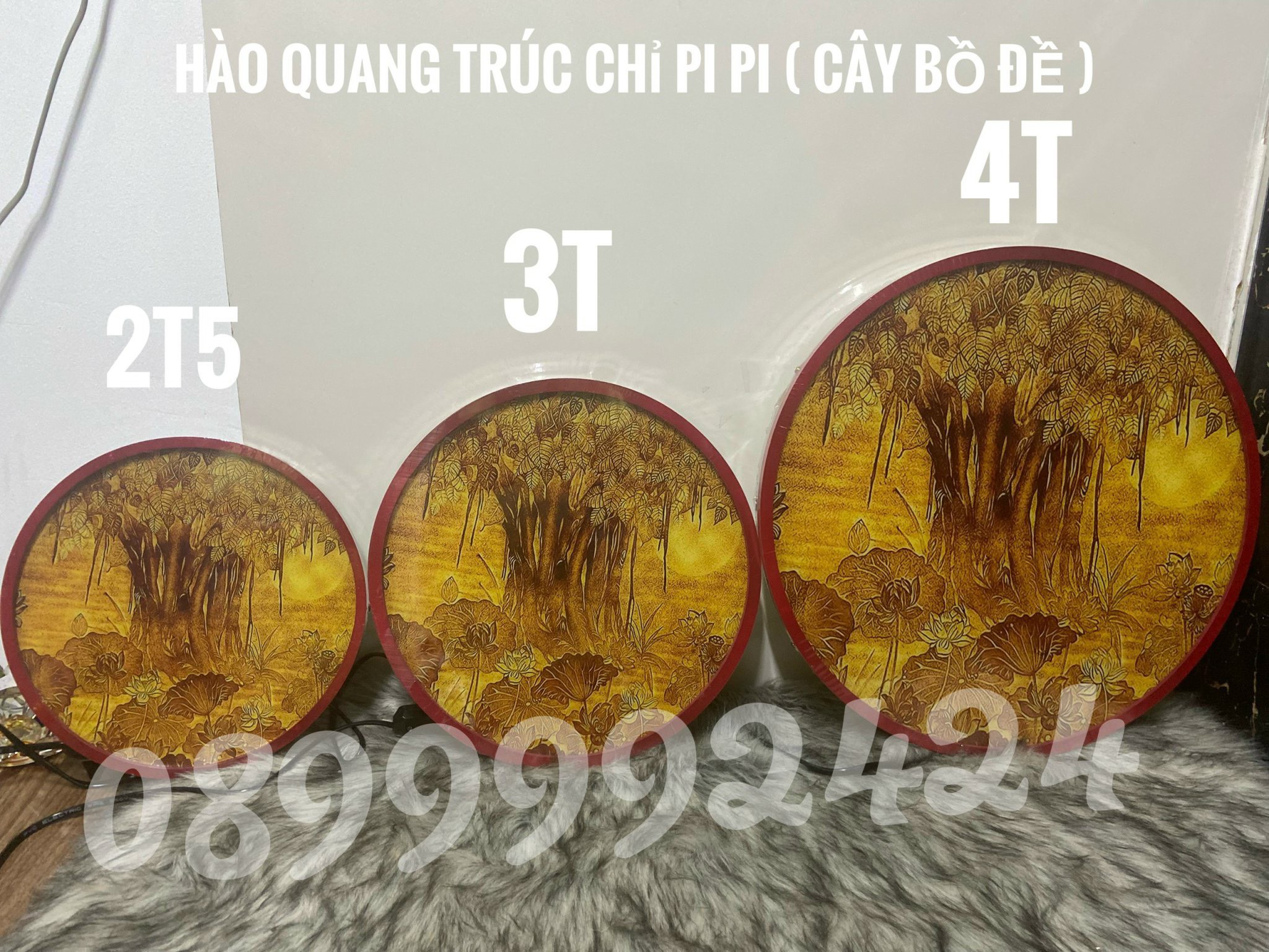 ĐÈN THỜ LED HÀO QUANG TRÚC CHỈ PIPI, TRANH TRÚC CHỈ NỀN VÀNG CÓ DIMMER ĐIỀU CHỈNH ÁNH SÁNG CÂY BỒ ĐỀ 25CM, 30 CM , 40CM