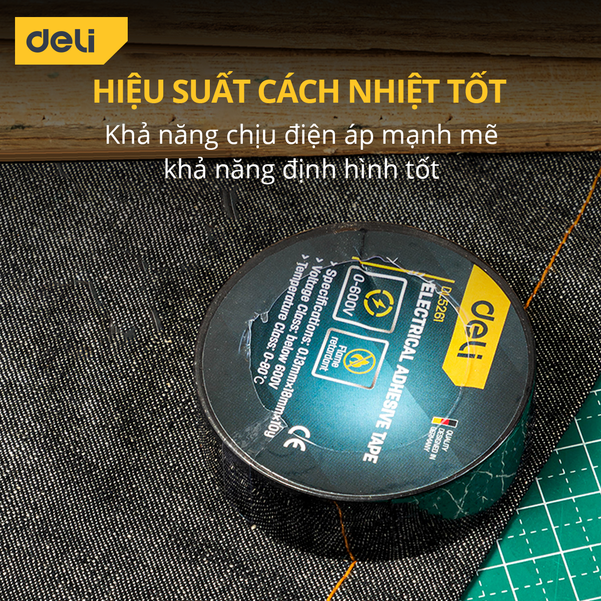 Băng Dính Cách Điện Deli - Chất Liệu Chống Cháy Hiệu Quả - Sử Dụng An Toàn Cho Gia Đình - EDL5261