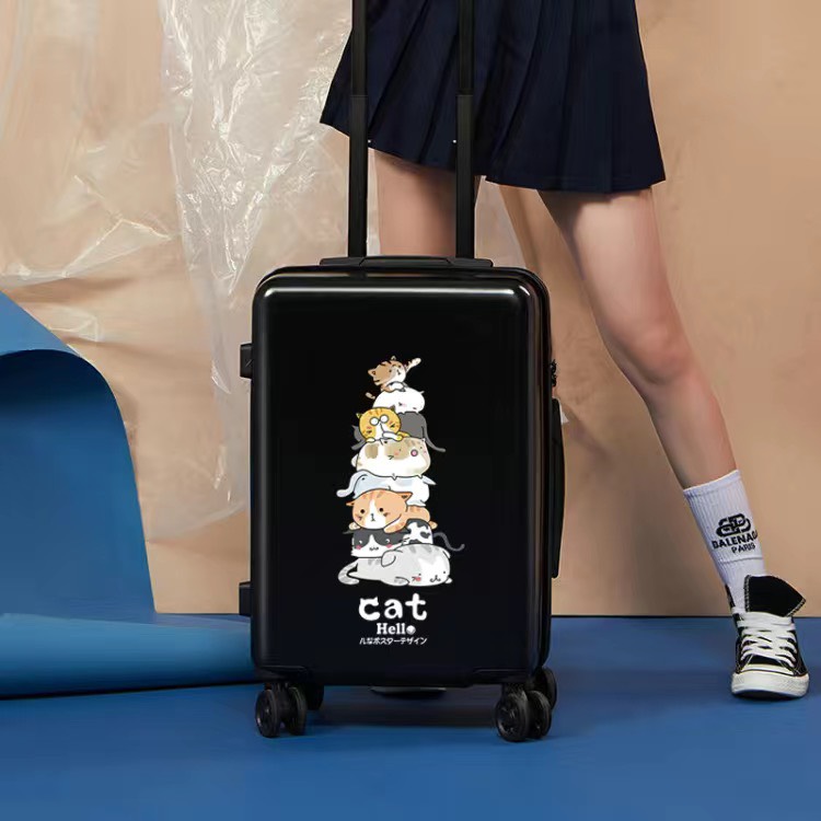 Vali kéo du lịch bằng nhựa in hình chú mèo lười biếng size 20 24 26 nhiều màu đáng yêu