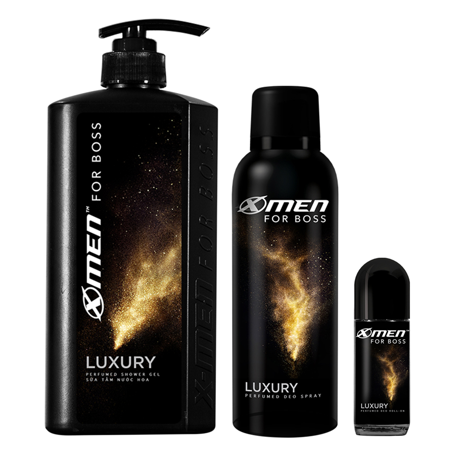 Combo Lăn Khử Mùi X-Men For Boss Luxury (50ml) + Xịt Khử Mùi X-Men For Boss Luxury (150ml) + Sữa Tắm Nước Hoa X-Men For Boss Luxury (650g)