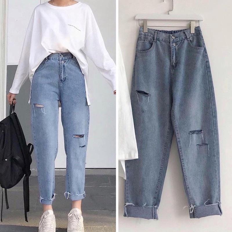 Quần Slim Jean Lưng Chun 2 Nút Rách Kiểu Nam Nữ Unisex lưng cao