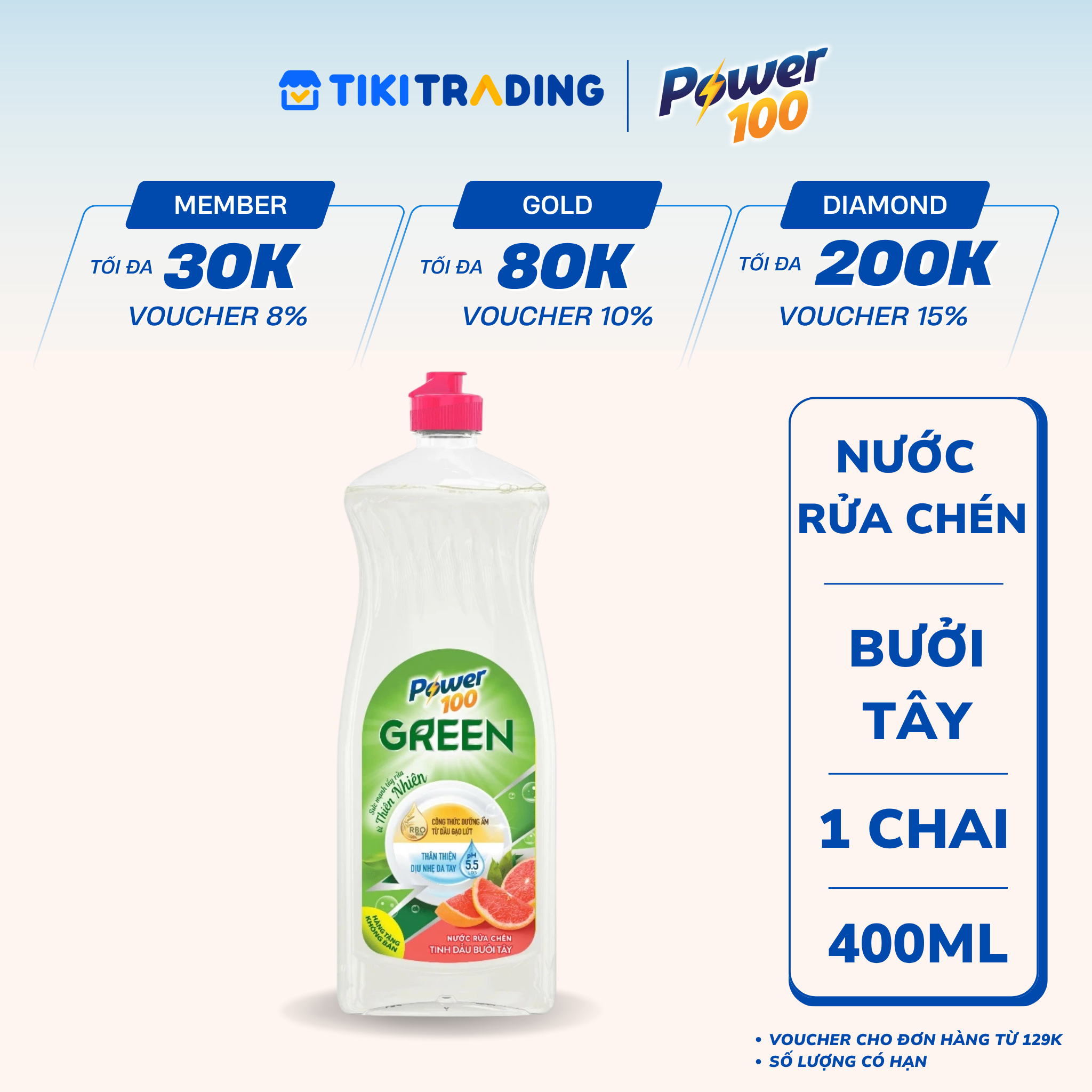 Nước Rửa Chén Power100 Green Tinh Dầu Bưởi Tây 400G