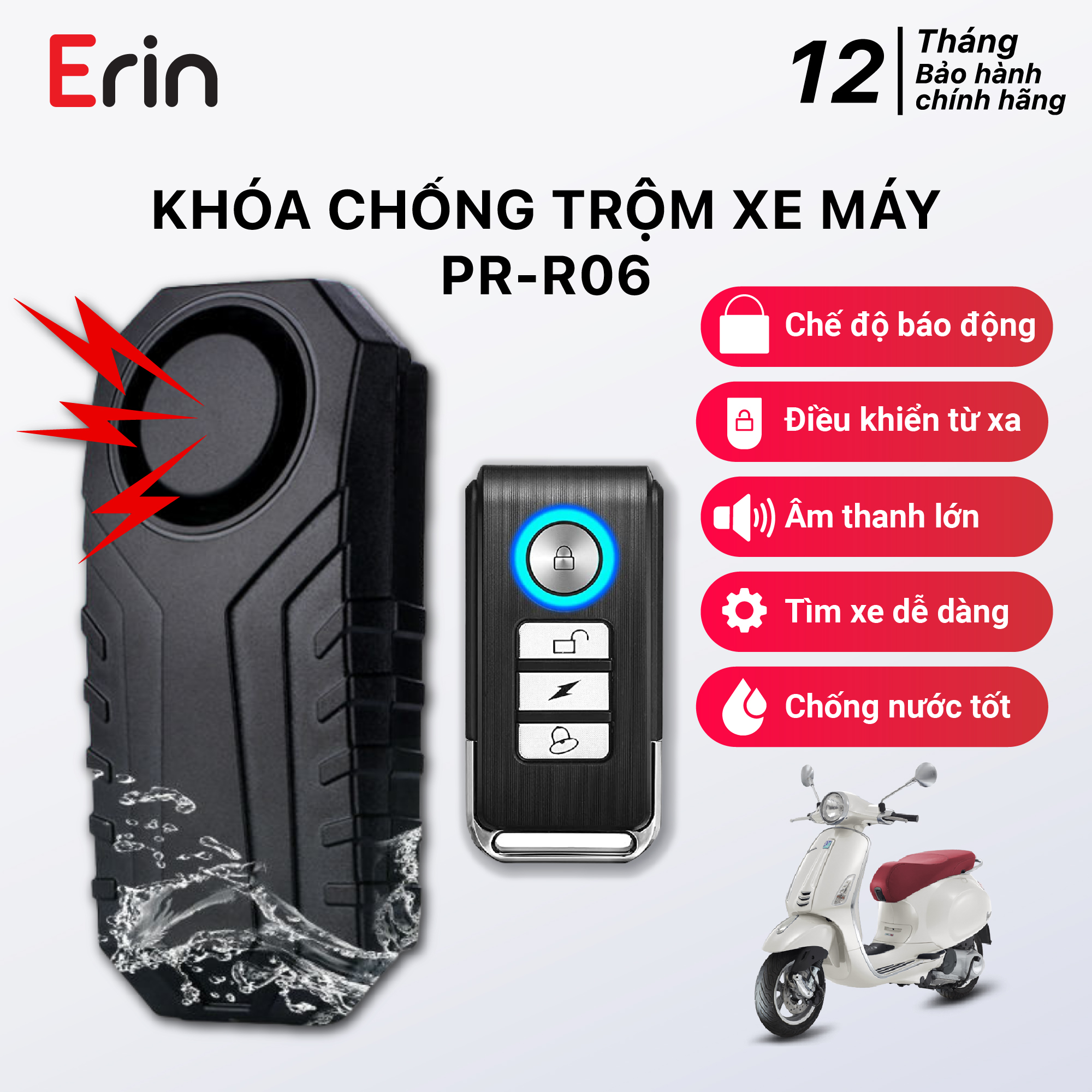 Khóa chống trộm xe máy có còi báo động PINGRON PR-R06 - Chống nước tốt, có thể điều chỉnh độ nhạy, bảo hành 12 tháng