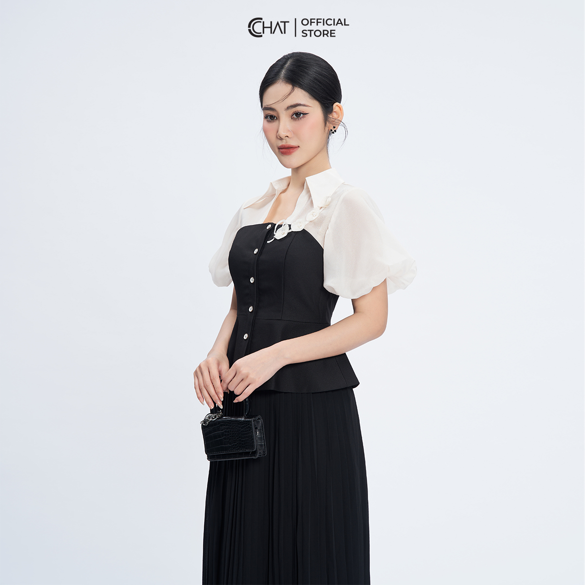 Áo Sơ Mi Nữ  Cổ Kiểu Tay Bom Peplum Chất Liệu Tuytsi Cao Cấp 53FNS8003PT