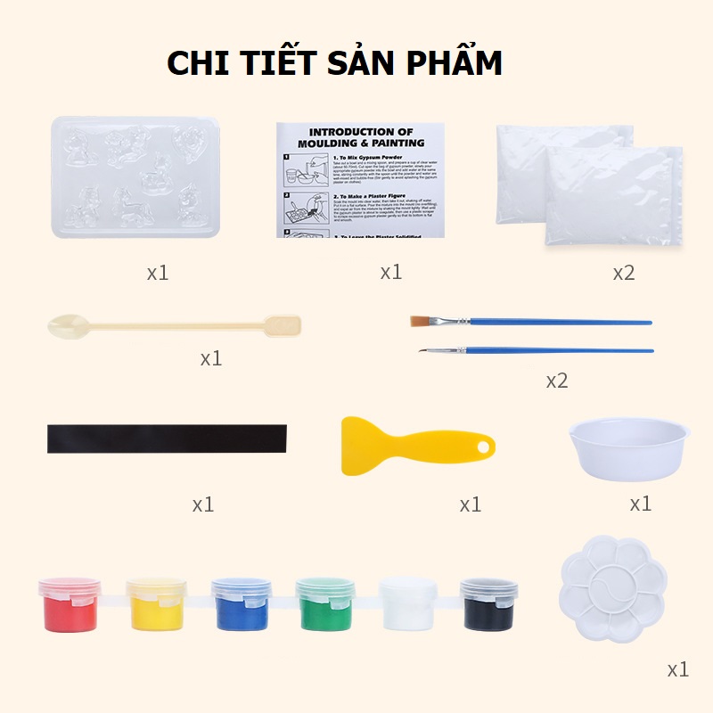 Đồ chơi tô tượng thạch cao cho bé tự làm DIY kèm khuôn màu nước và cọ vẽ nhiều chủ đề, quà tặng sinh nhật cho bé