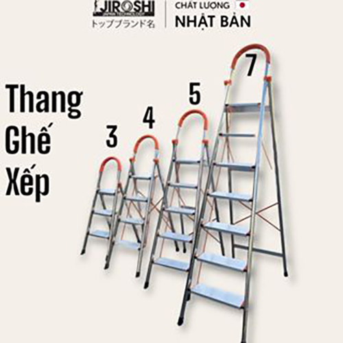 Thang ghế thắp hương gấp gọn nhôm inox Jiroshi 3 4 5 7 bậc, thang xếp gia đình inox nhật bản có tay vịn thông minh