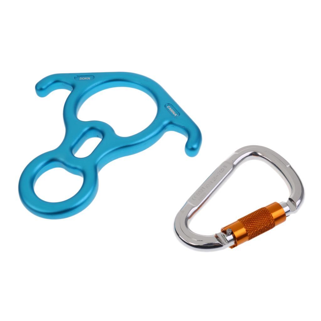 50KN Safety Figure 8 Descender Belay Device + 25KN D-Shape Carabiner Hook for Outdoor Rock Climbing