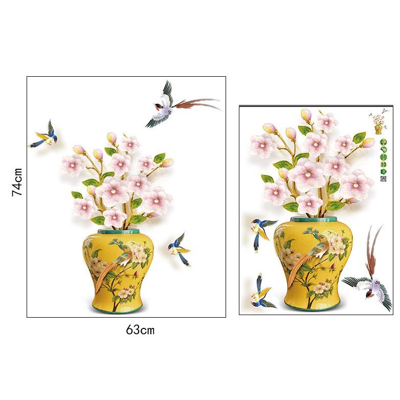 Decal trang trí tường - Chậu hoa vàng Hoa Mai hồng trắng nổi bật