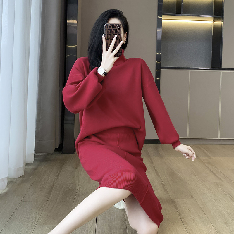 Sét Đầm Len Dệt Kim Cao Cổ Màu Trơn Thời Trang Cao Cấp AL114 - Hàng Quảng Châu Cao Cấp