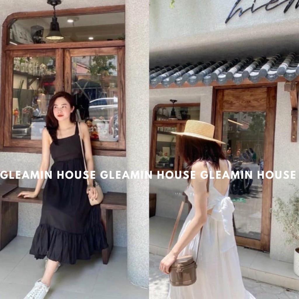 Váy-đầm maxi 2 dây xoè dáng dài chất lụa đi biển hở lưng buộc nơ 2 màu, Váy-đầm maxi hai dây suông rộng babydoll vạt bèo
