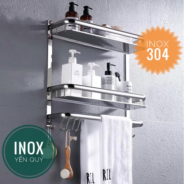 Kệ để đồ nhà tắm 3 tầng có móc treo và thanh treo khăn