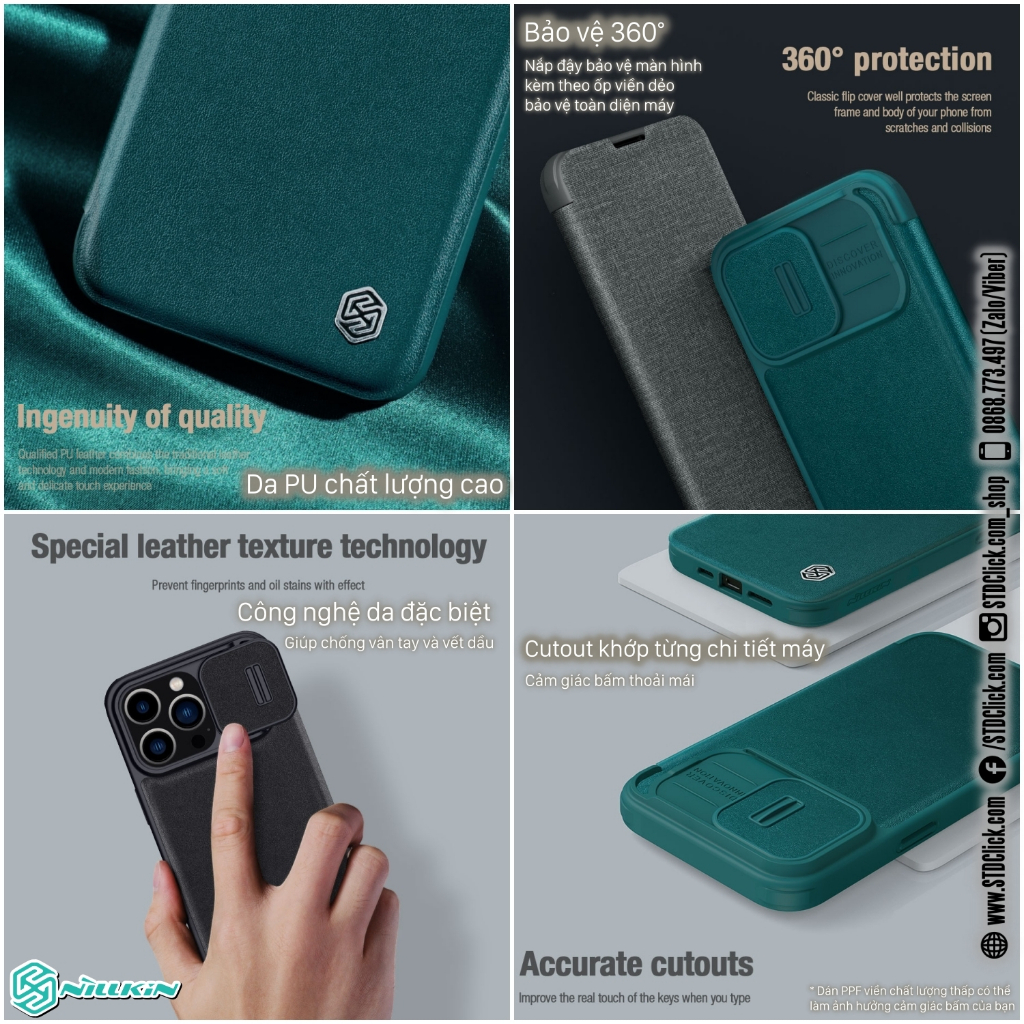 BAO DA DÀNH CHO ĐIỆN THOẠI IPHONE 15 PRO MAX - 15 PRO NILLKIN QIN PRO plain leather + cloth BẢO VỆ CAMERA